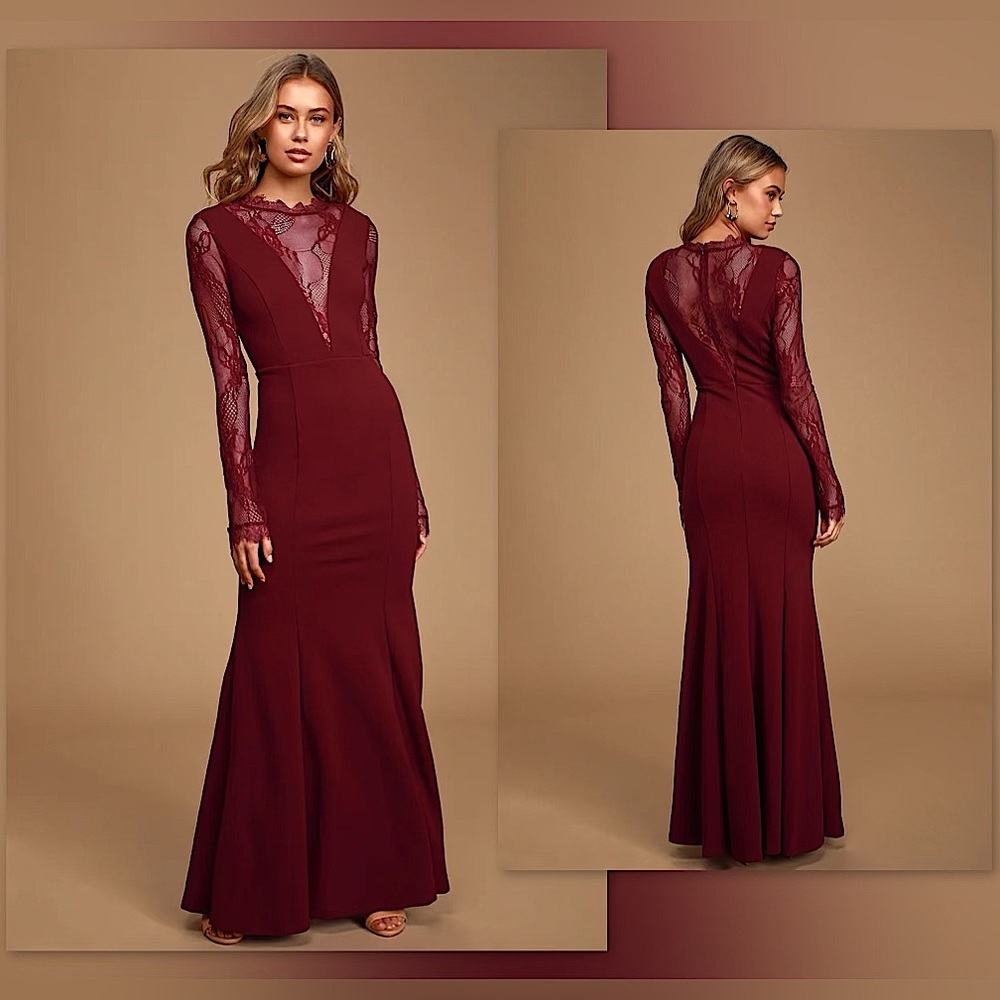 🍷Lulus Lovely Ever After Burgundy Lace Long Sleeve Mermaid Maxi Dress, S